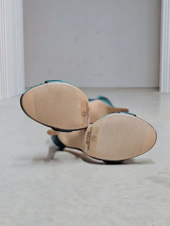 Teal Satin High Heel Sandals With Ankle Strap & Grommet Detail Womens - Picture 6 of 13